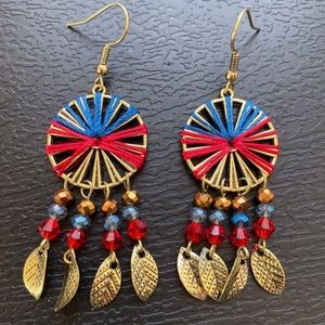Boho Colorful Dream Catcher Earrings, Woven Beaded Glass Stone Dangle Earrings